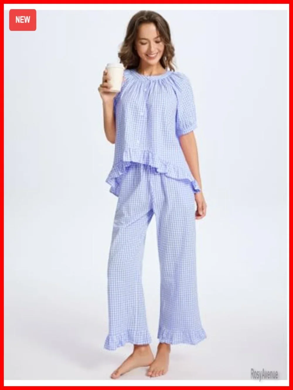 Women's Cotton Gingham Pajama Set 2 Piece Button Down Puff Sleeve Pants Lounge
